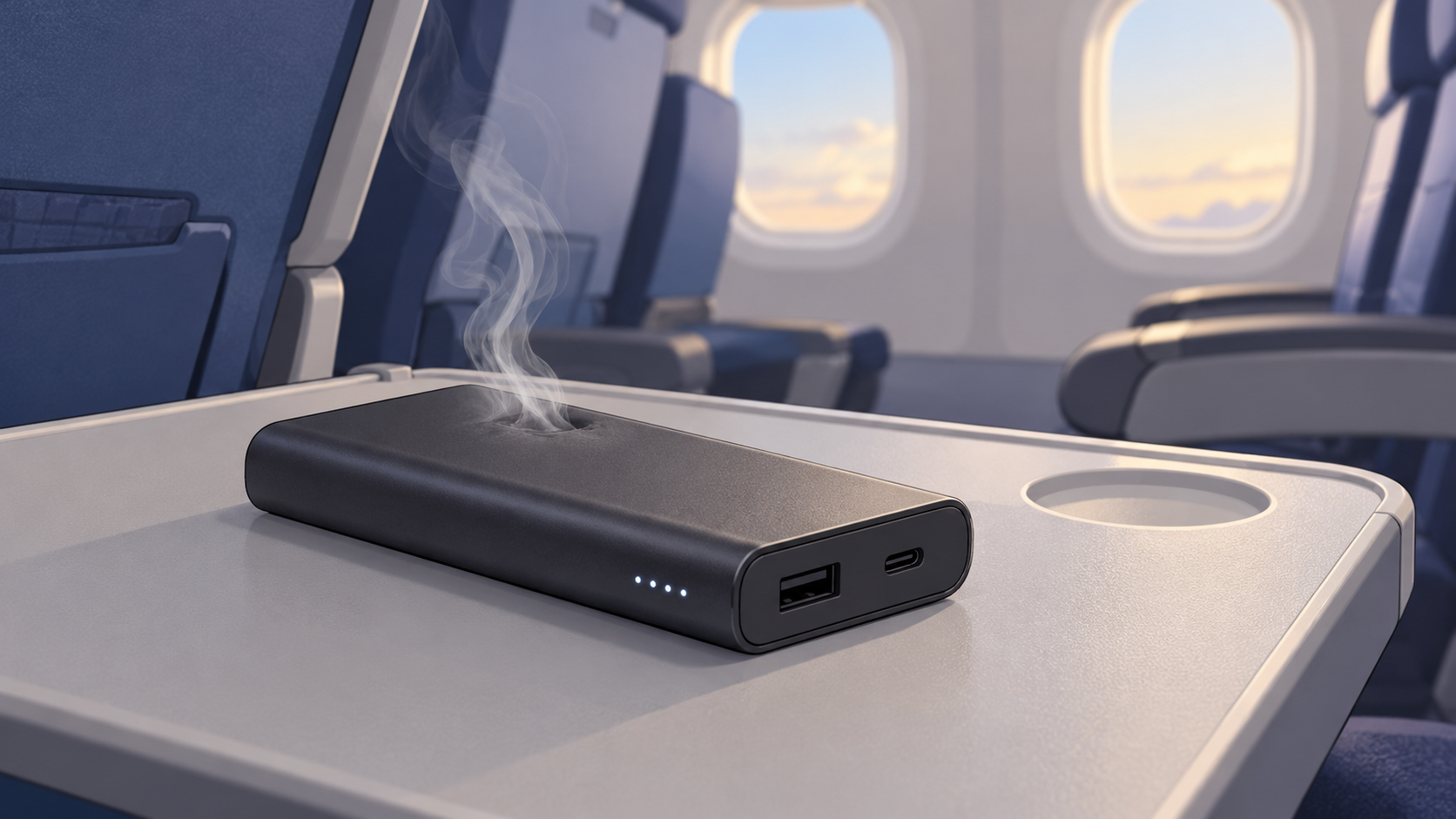 Editorial illustration of a generic portable power bank emitting smoke on an aircraft tray table; not a photograph of the IndiGo flight