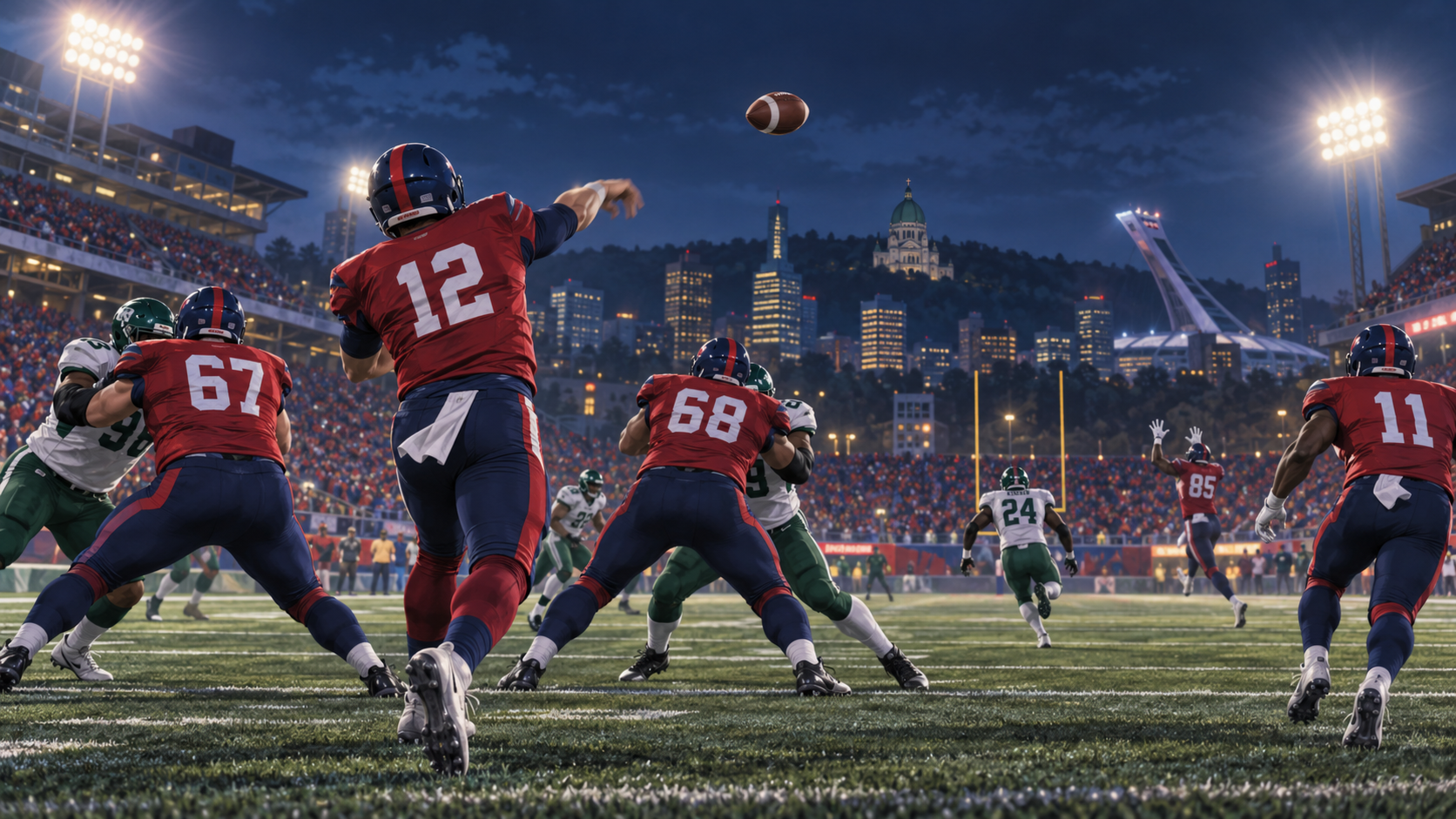 Original illustration of a Montreal football passing play against a Saskatchewan defender under stadium lights; not a photograph of the October 12 game.