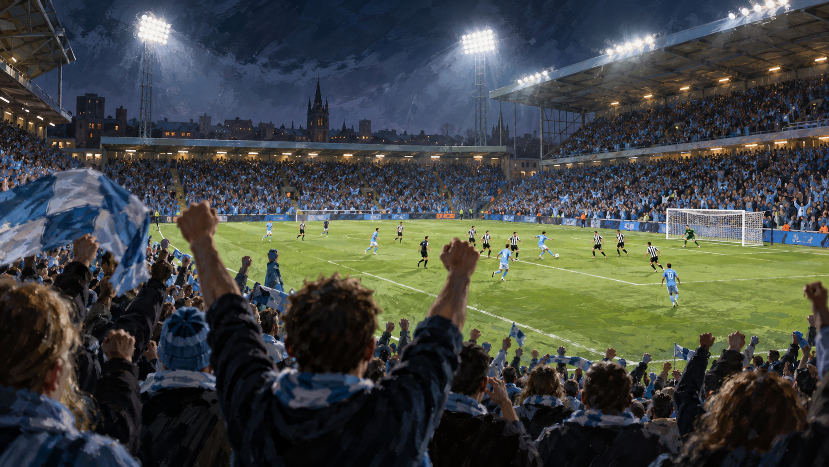 Original illustration of generic footballers in sky blue and black-and-white stripes under stadium lights; not a photograph of the Coventry–Newcastle match.