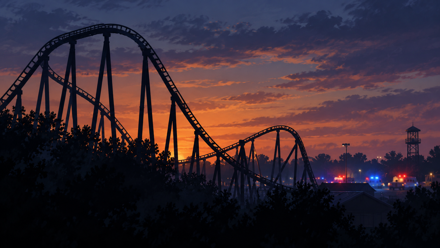 Original illustration of a generic roller coaster at dusk with distant emergency lights; it does not show the Six Flags incident.