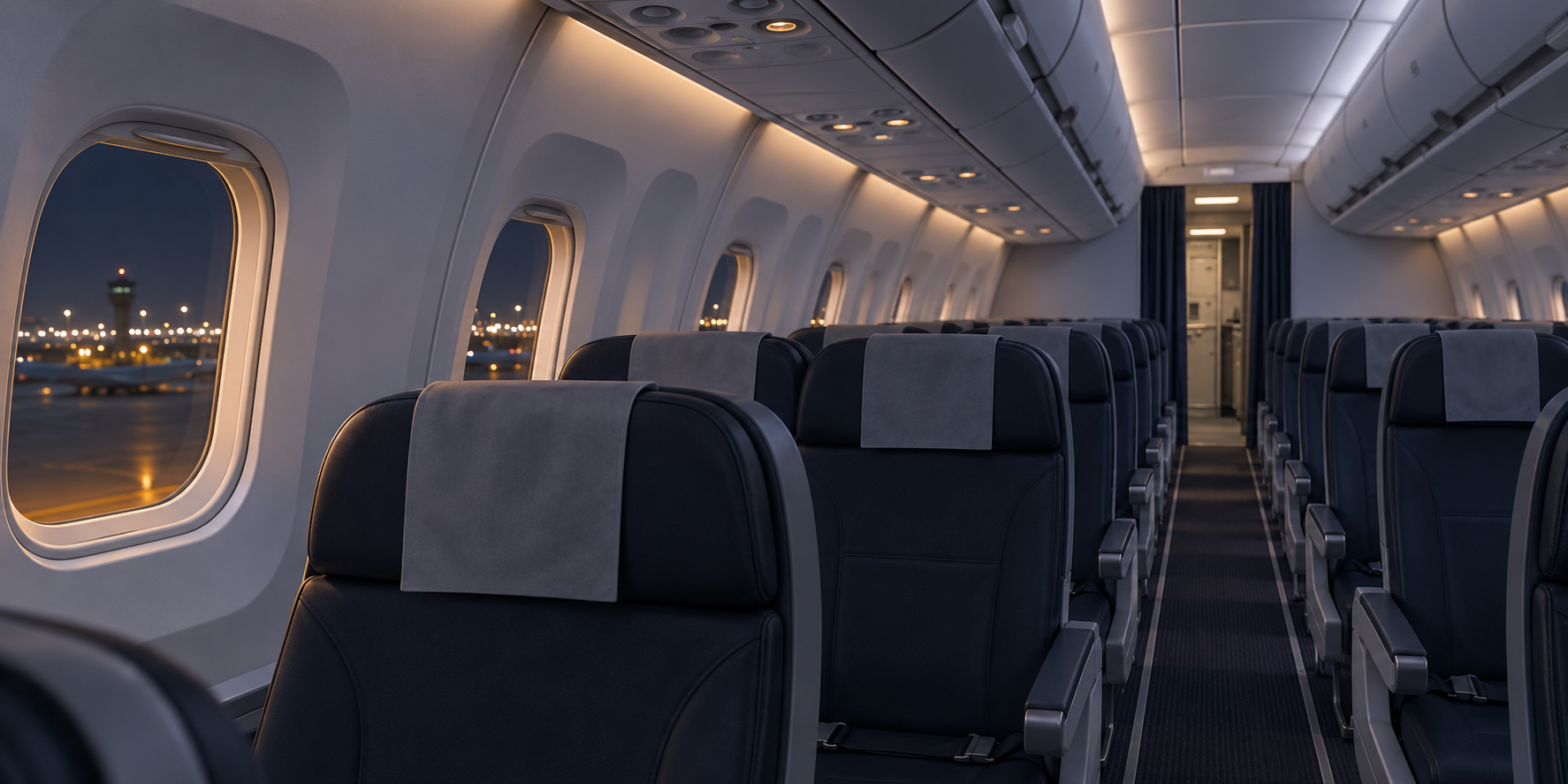 Illustration of an empty airline cabin; this is not the Delta flight involved in the Selma Blair case.