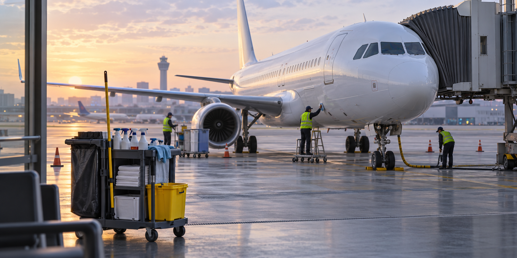Editorial illustration of a generic passenger aircraft at an airport gate with ground crew and service carts; not a photograph of the Qantas aircraft or bedbug incident.