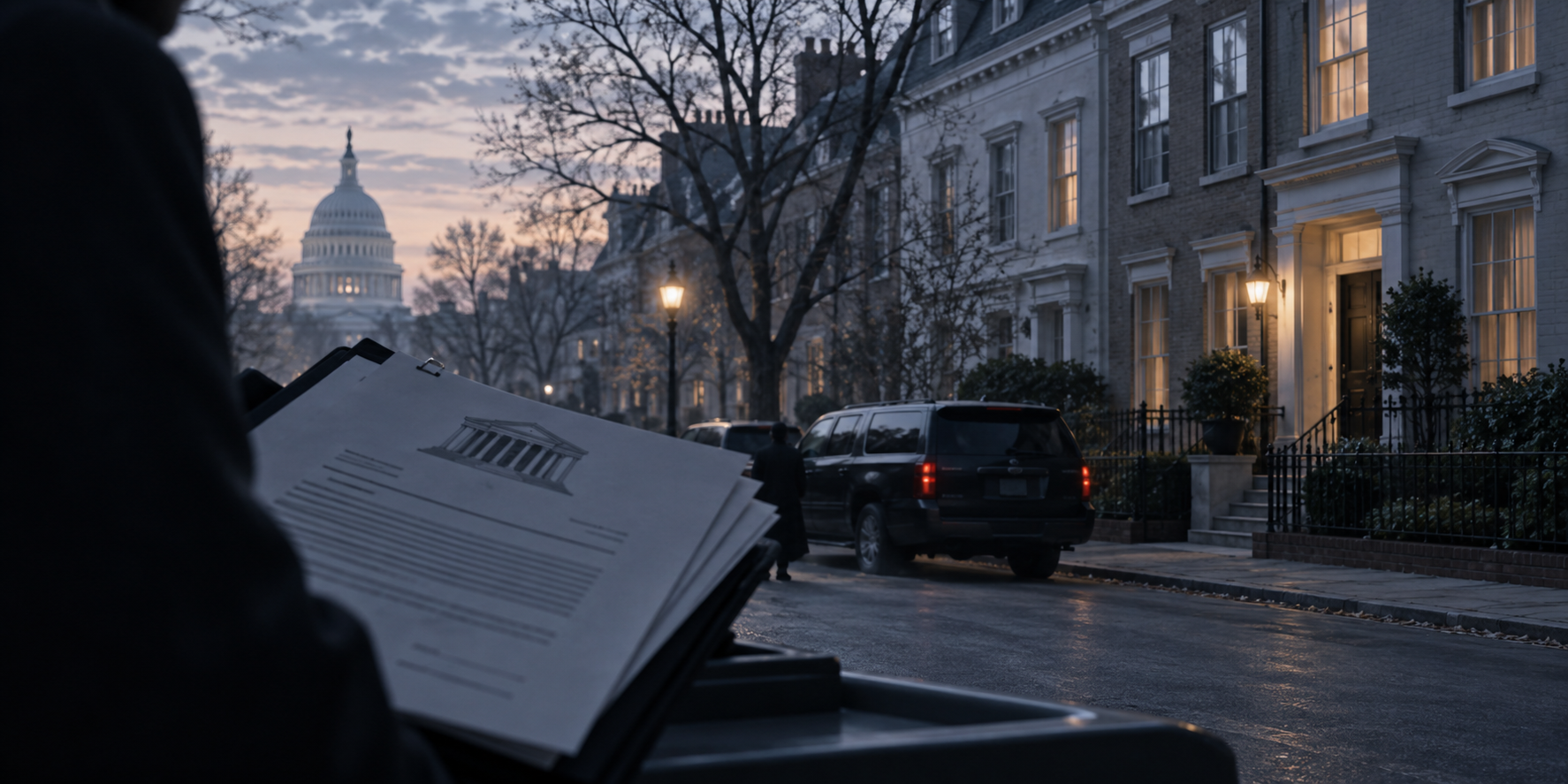 Conceptual AI illustration of a Washington street and official vehicle; not the search of Ilhan Omar’s home.