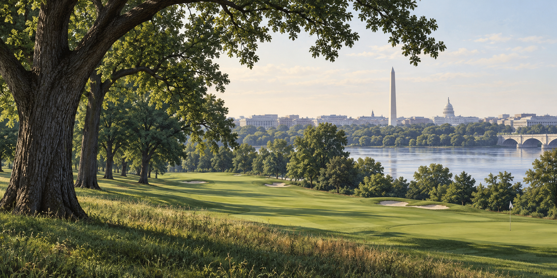 AI illustration of a Washington golf landscape; not a photograph of East Potomac Golf Links or the tree removal.