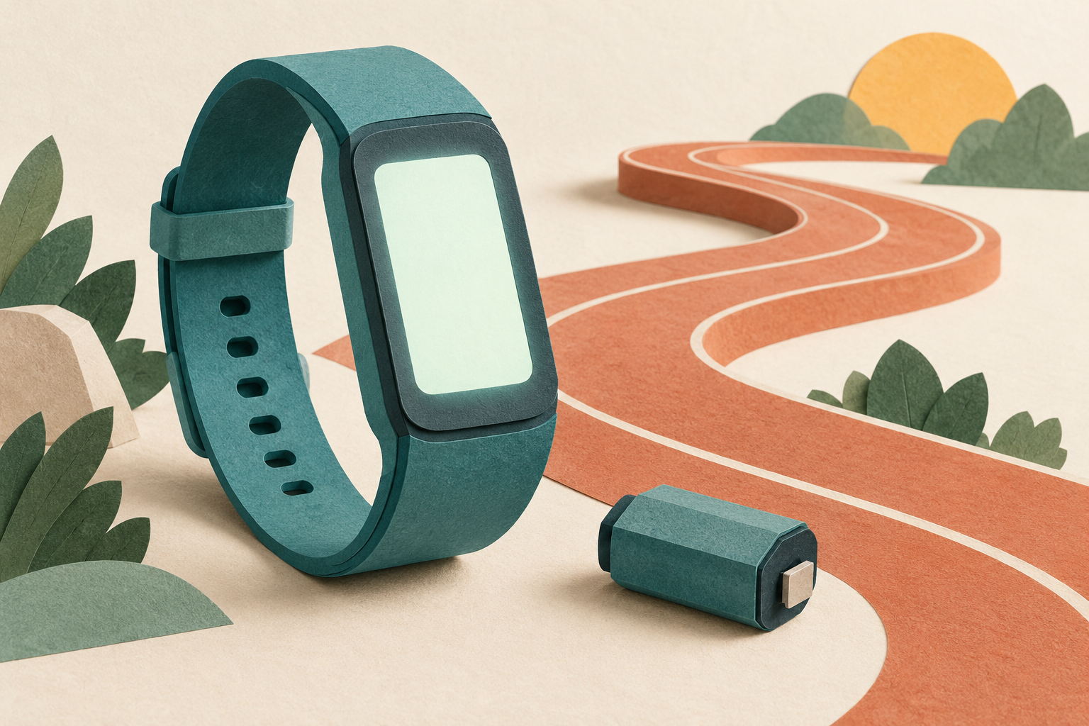 Editorial illustration of a fictional teal paper fitness band, a symbolic detached battery and a terracotta running track; not a photograph or a depiction of the Fitbit Edge.
