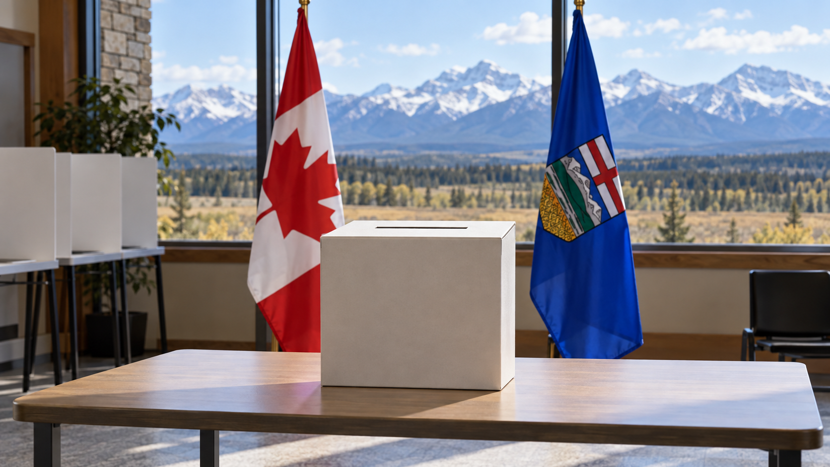 Conceptual AI illustration of an unmarked ballot box with Canadian and Alberta flags; not an actual polling station or ballot.