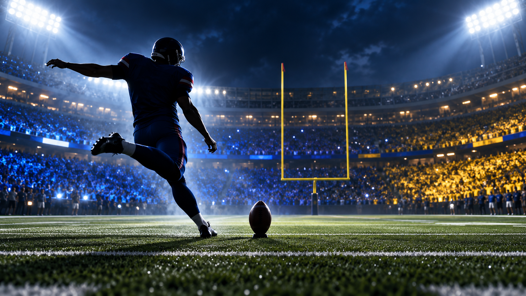 Original illustration of an American football kicker approaching the ball beneath stadium lights