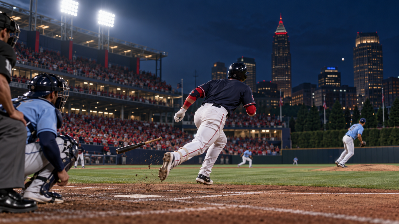 Original editorial illustration of an anonymous baseball batter leaving home plate in a fictional stadium; not a photograph of Guardians–Rays or a recreation of a specific play.