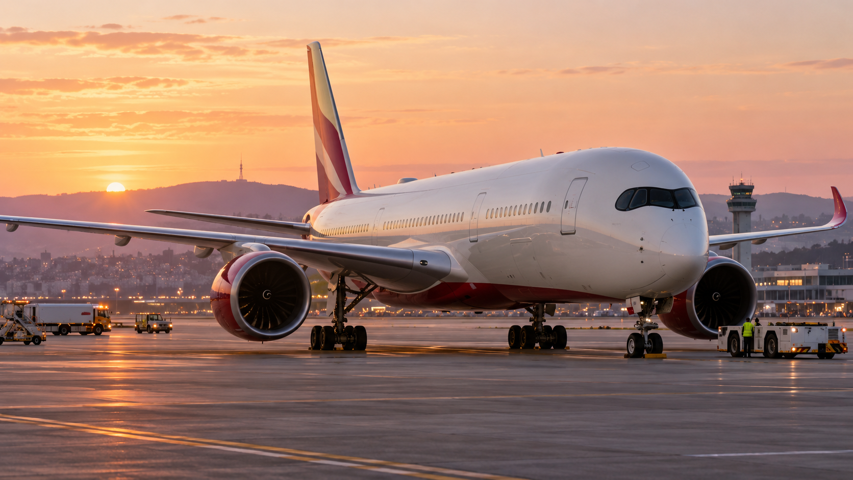 Original illustration of a generic twin-engine passenger aircraft on an airport apron at dawn