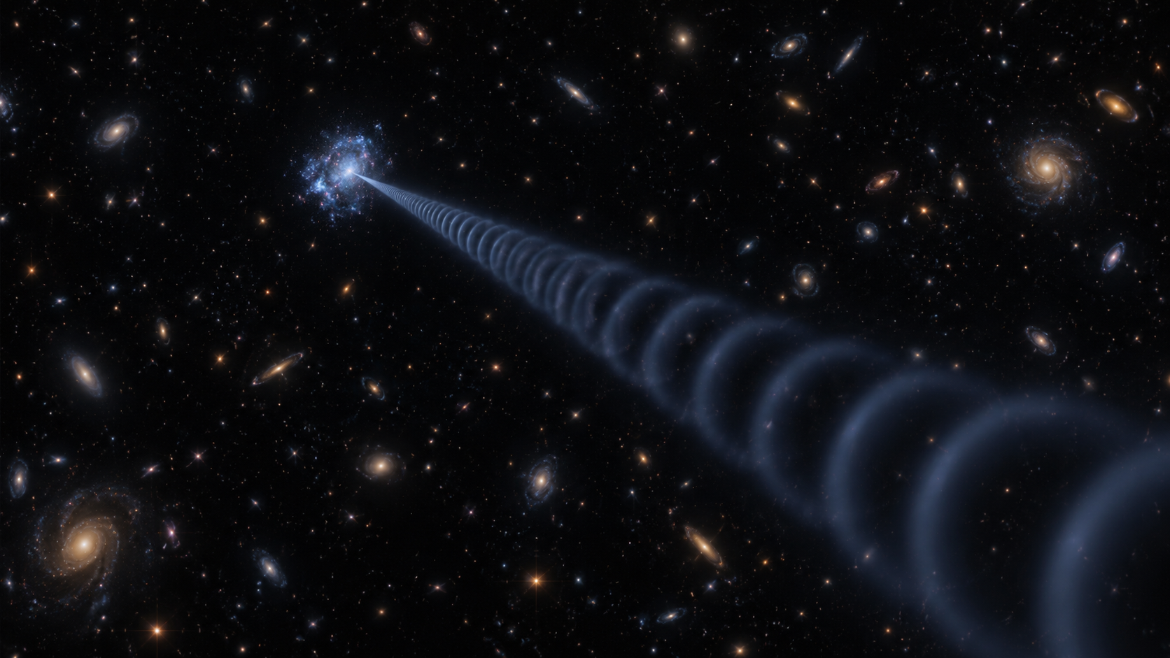 Conceptual illustration of radio waves crossing deep space from a small blue star-forming galaxy