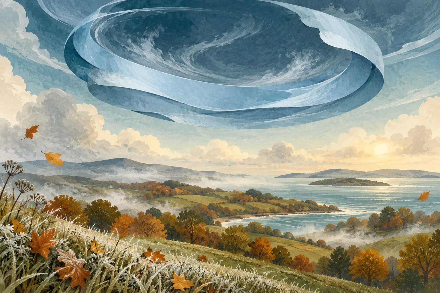Original editorial illustration of a pale blue circular ribbon high above an autumn landscape with mist and frosted grass; conceptual polar-vortex uncertainty, not a forecast map or photograph. Credit: SearchTrends Daily.