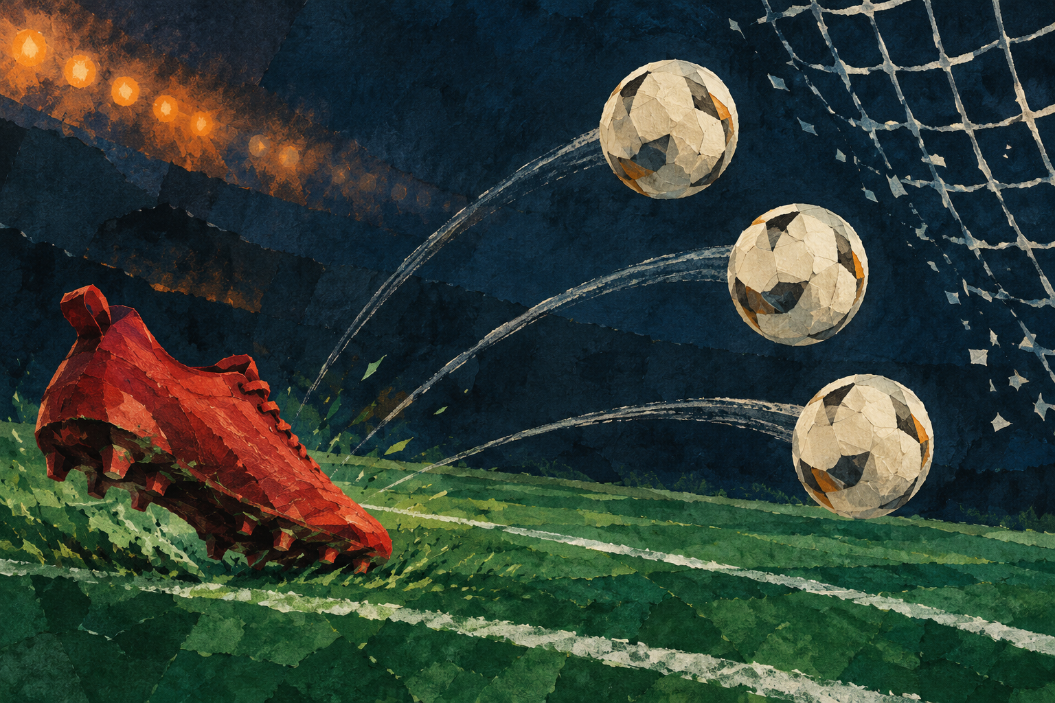 Original editorial illustration of an unbranded red football boot and three cream footballs against a goal-net pattern; a conceptual hat-trick motif, not a photograph or reconstruction of LASK versus Liverpool. Credit: SearchTrends Daily.