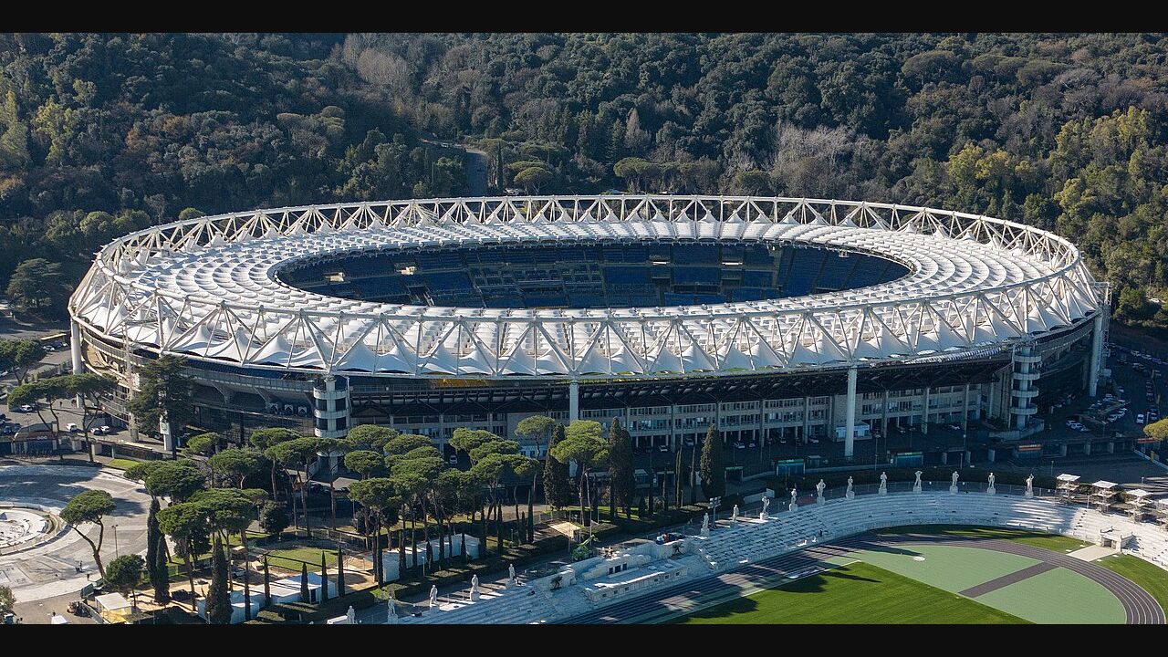 Archival 2024 aerial view of the Stadio Olimpico in Rome; not a photograph of the 2026 Roma–Real Madrid match