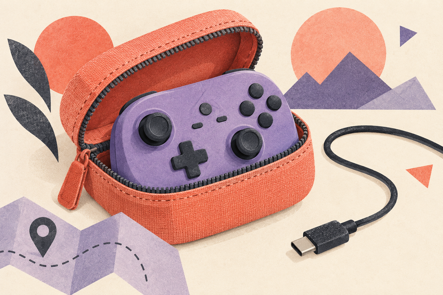 Conceptual editorial illustration of a fictional violet controller in a coral travel pouch beside a USB-C cable; not a photograph, an official Xbox Nano product image or a depiction of included accessories. Credit: SearchTrends Daily.