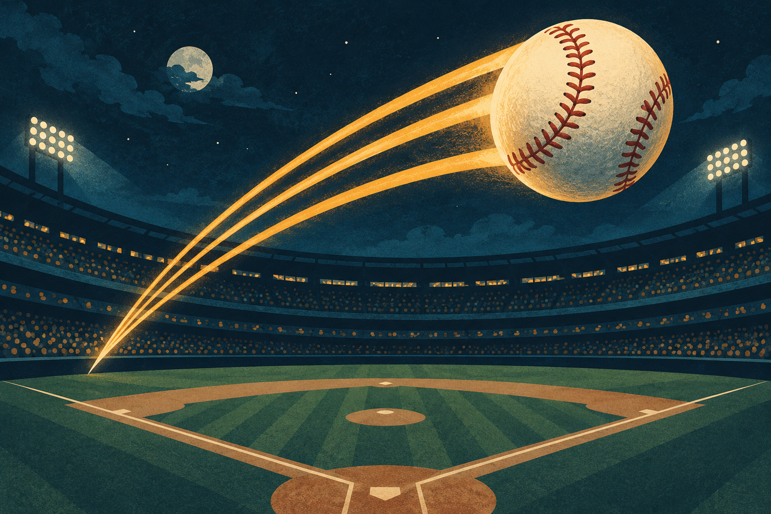 Original editorial illustration of a stitched baseball and three amber light trails above an abstract teal night-time diamond and stadium; not a photograph or reconstruction of the Brewers–Dodgers game. Credit: SearchTrends Daily.