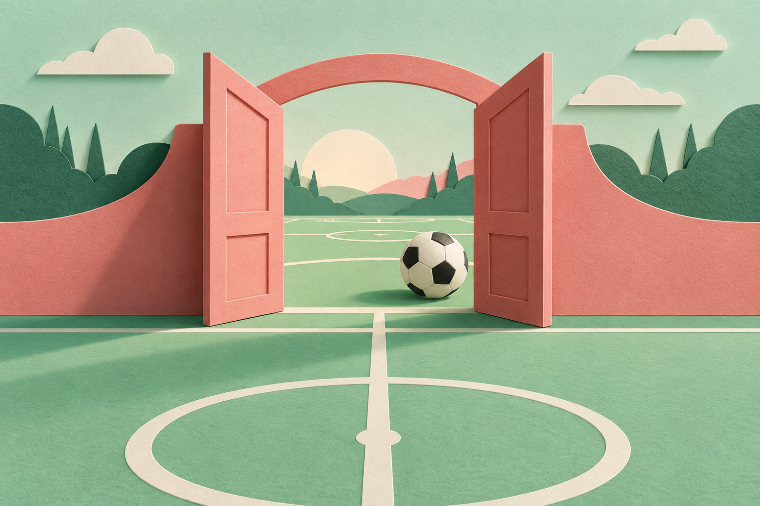 Original editorial illustration of a plain football beyond an open coral gateway on a mint-green conceptual pitch, symbolising playoff entry; not a photograph, actual venue or reconstruction of Inter Miami versus NYCFC. Credit: SearchTrends Daily.