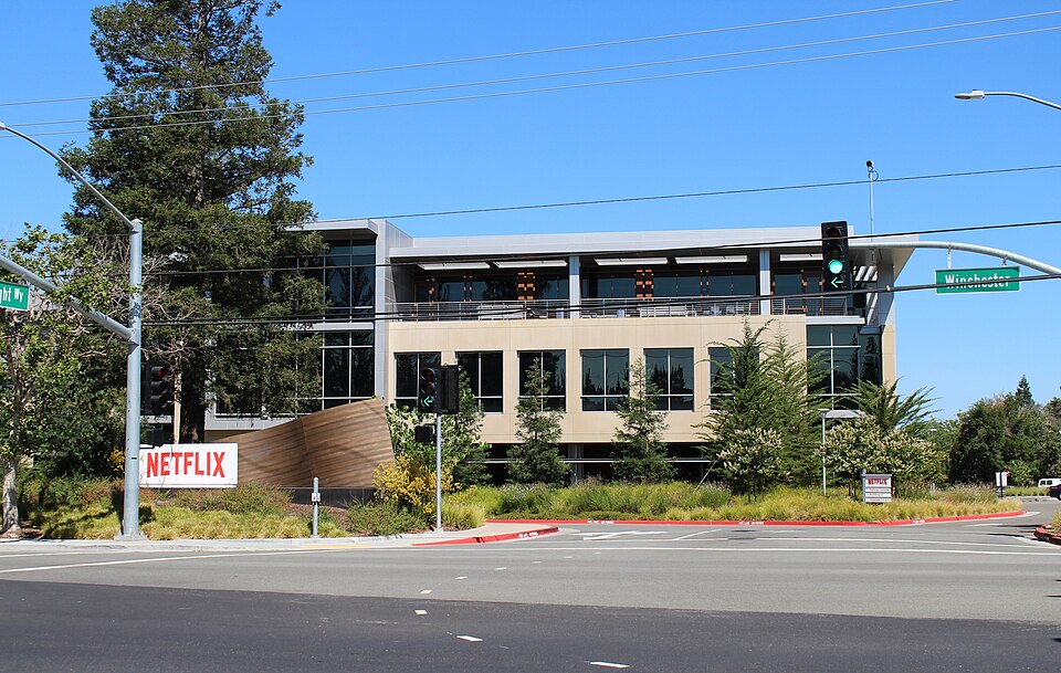 Archival 2018 photograph of a Netflix campus building at 101 Albright Way in Los Gatos, California; not a scene from the 2026 layoffs.