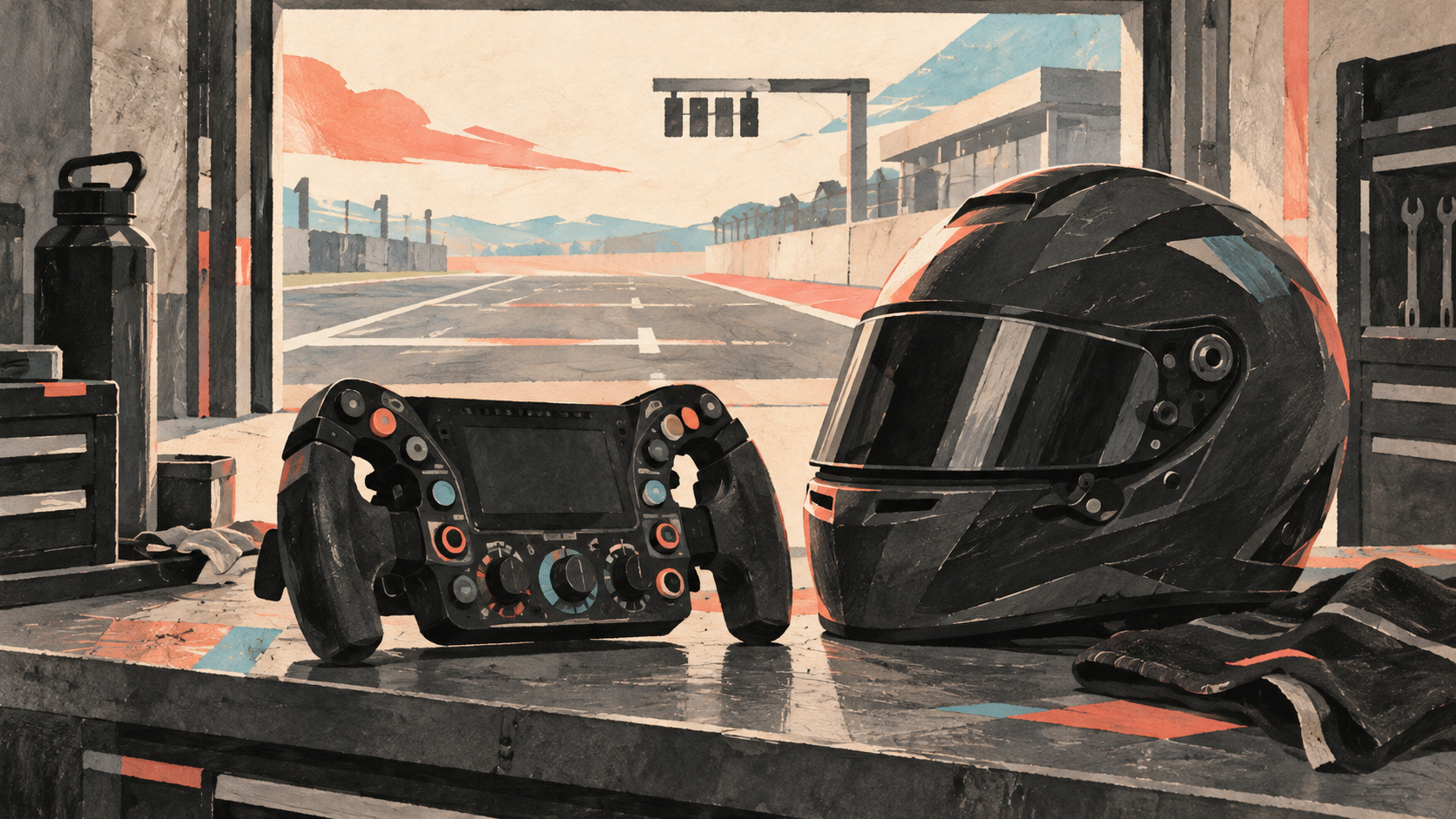 Editorial illustration of an unbranded racing steering wheel and empty helmet on a garage bench, with an abstract pit lane beyond; not Rafael Câmara’s equipment, a real Haas car or a photograph.