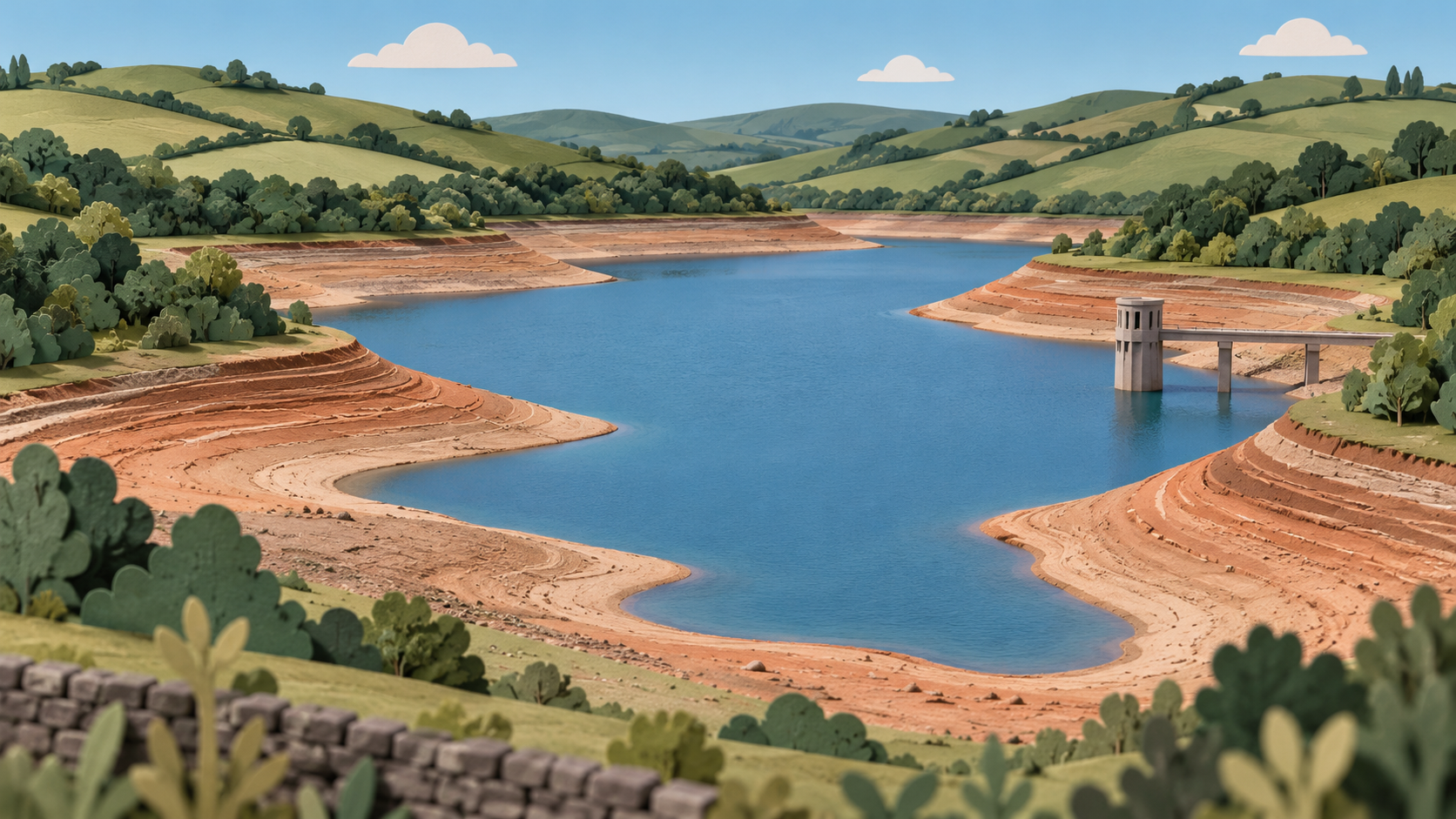 Original editorial illustration of a fictional reservoir with blue water and exposed terraced banks in a paper-and-clay countryside; not Ardingly, Wimbleball or a measured water level.