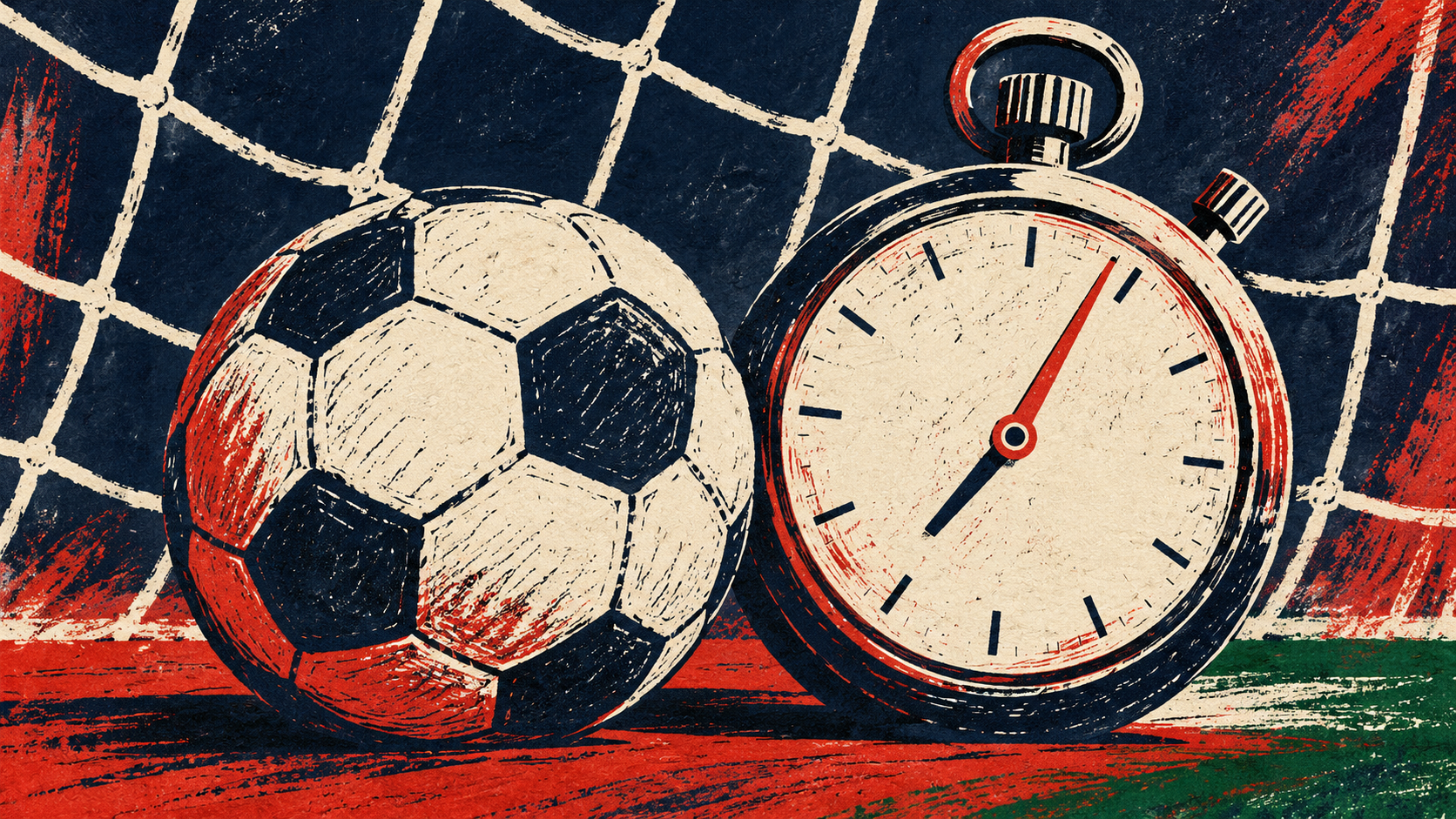 Original linocut-style editorial illustration of an unbranded football, an unnumbered stopwatch and goal-net cord in navy, ivory and red; symbolic, not a photograph or reconstruction of Torreense versus Sunderland.