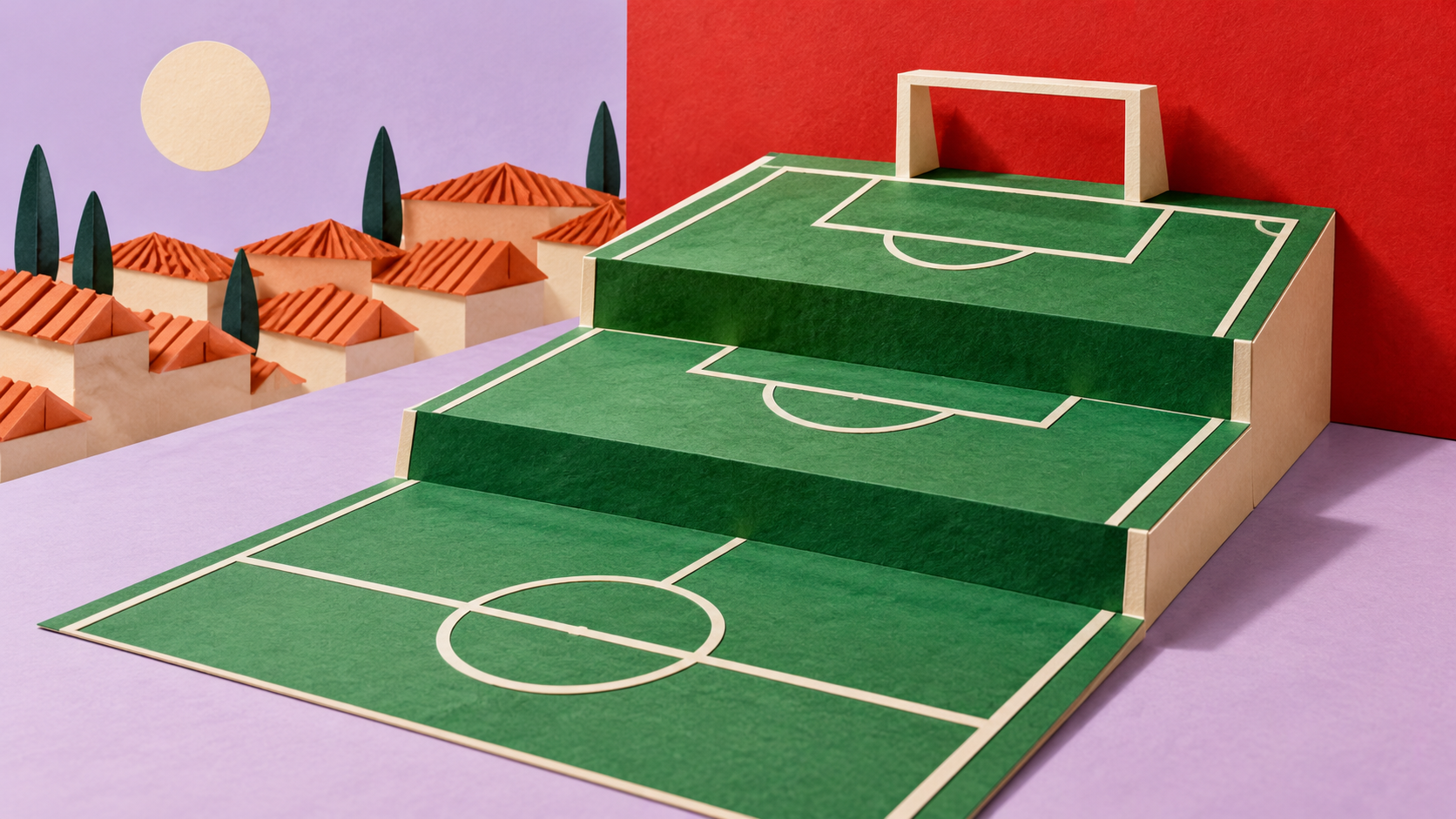 Original editorial illustration of a fictional emerald football pitch folded into three uphill terraces toward an ivory goal, with crimson paper and terracotta roof shapes; a comeback metaphor, not a real stadium or match photograph.
