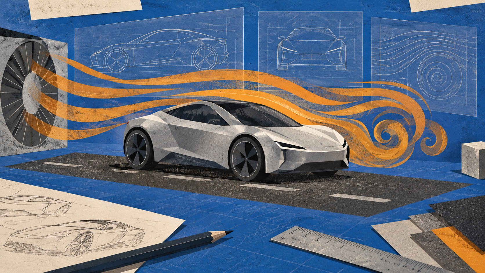 Original editorial illustration of a fictional unbranded silver experimental car stationary on a graphite road strip, with cobalt engineering panels and amber air-flow motifs; not a Tesla design, event photograph or technical blueprint.