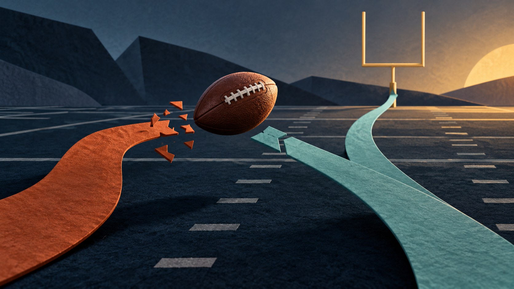 Original editorial illustration of an unbranded American football between broken rust-orange and redirected icy-teal paths on a charcoal miniature field, with gold uprights beyond; symbolic, not a photograph or reconstruction of Broncos versus Seahawks.
