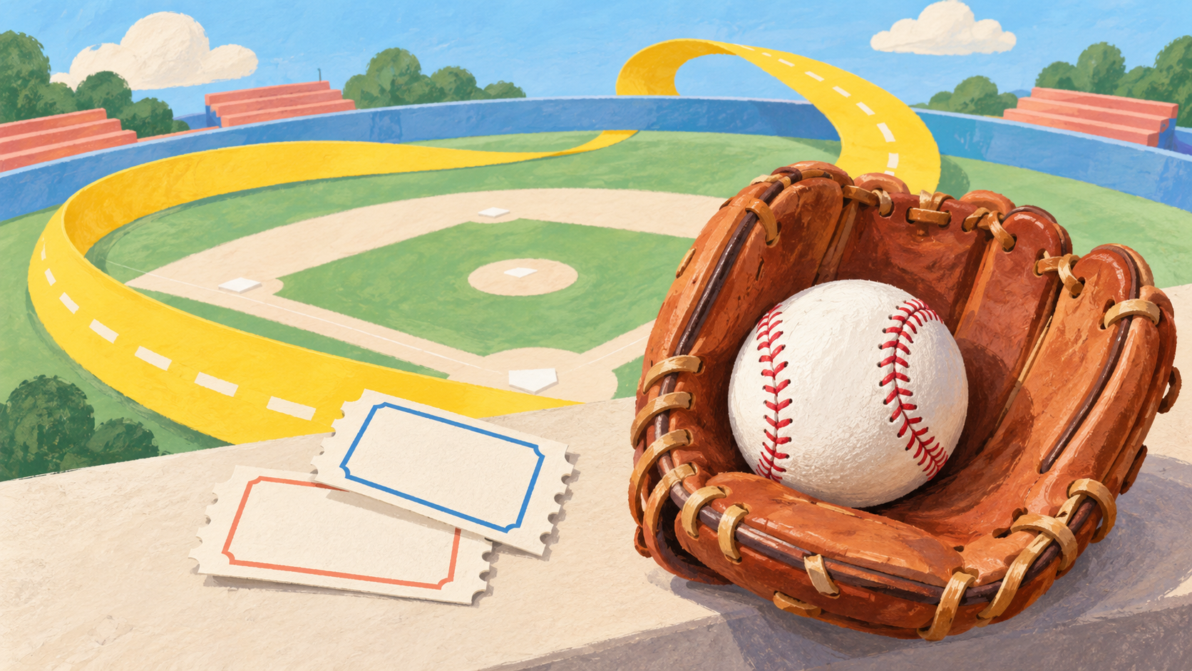 Original editorial illustration of an unbranded baseball in a terracotta mitt beside two blank tickets, with a yellow touring ribbon around a fictional daylight diamond; not a photograph, real venue or official Banana Ball artwork.