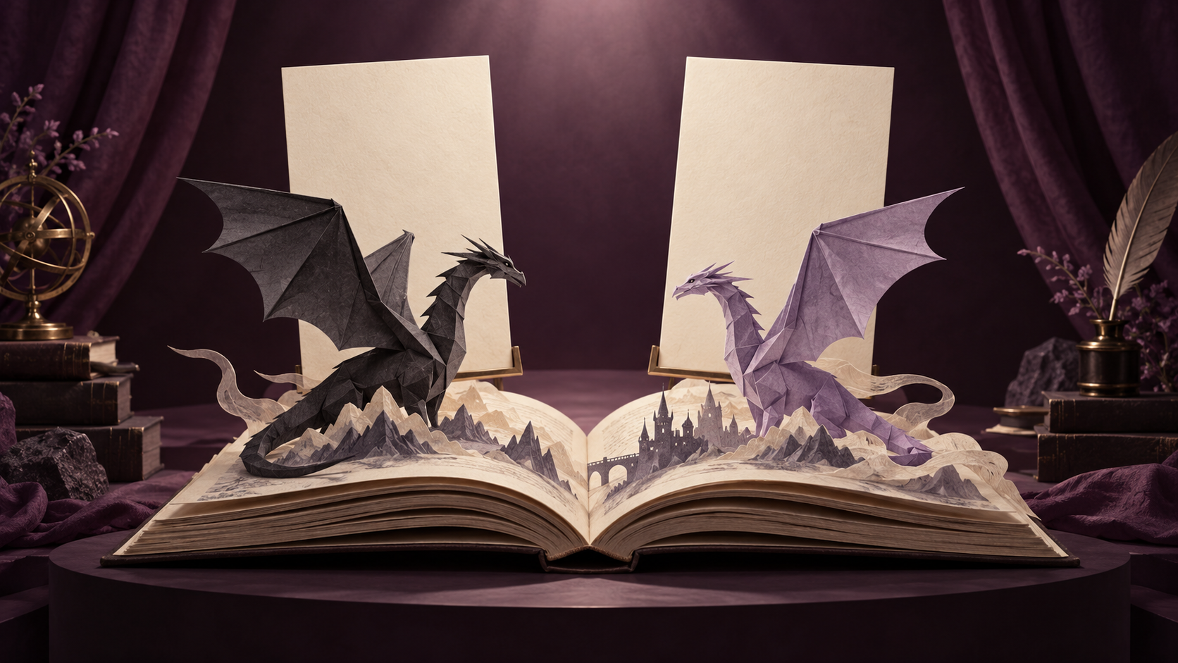 Original editorial illustration of an open ivory book, two blank casting cards and charcoal and lavender folded-paper dragons against plum curtains; not actors, a real set or official Fourth Wing promotional artwork.