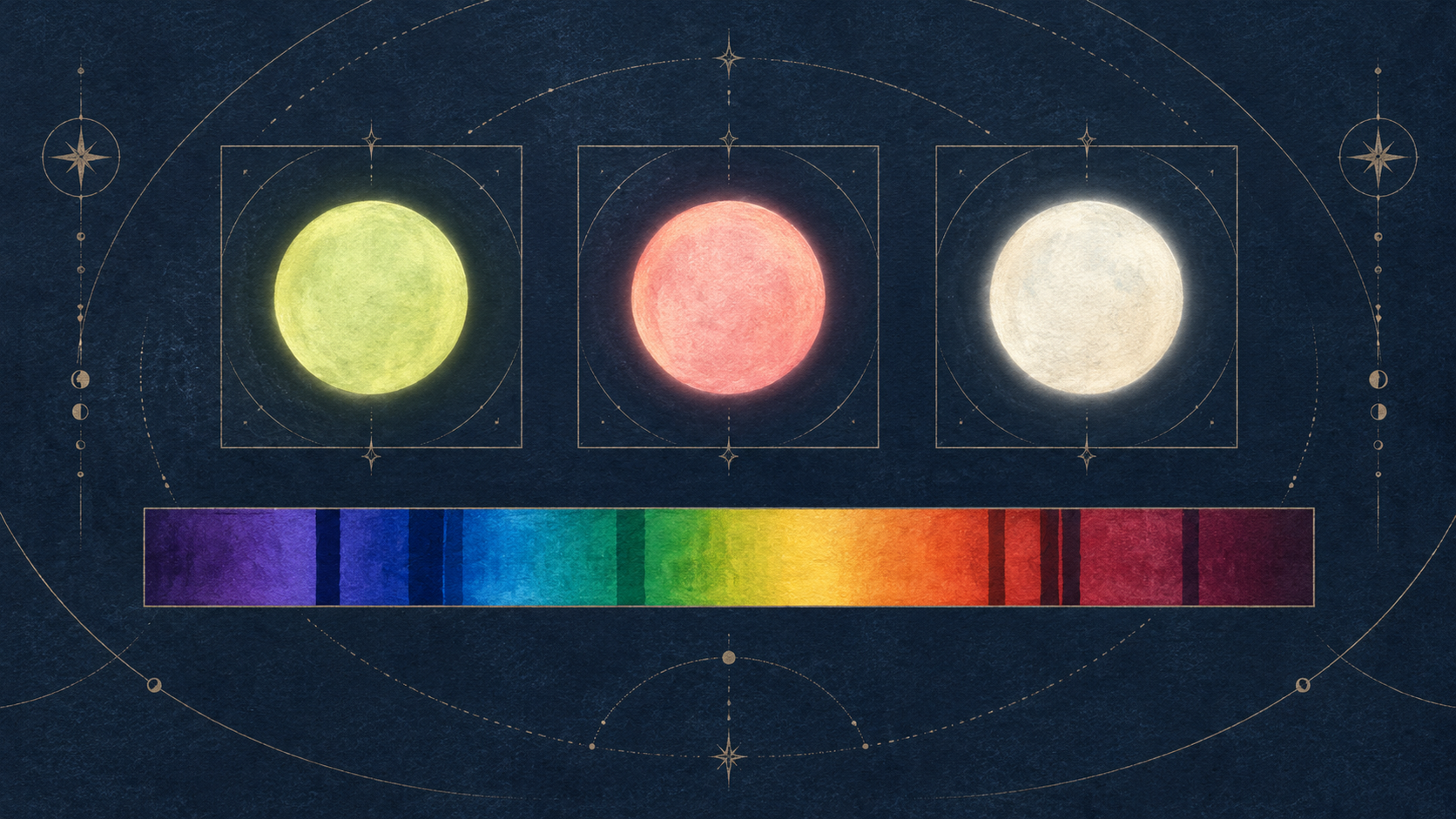 Original editorial illustration of three separate green, salmon-pink and ivory paper discs above a symbolic absorption spectrum on a midnight-blue chart; not a photograph, calibrated colour plot or the researchers’ simulation.