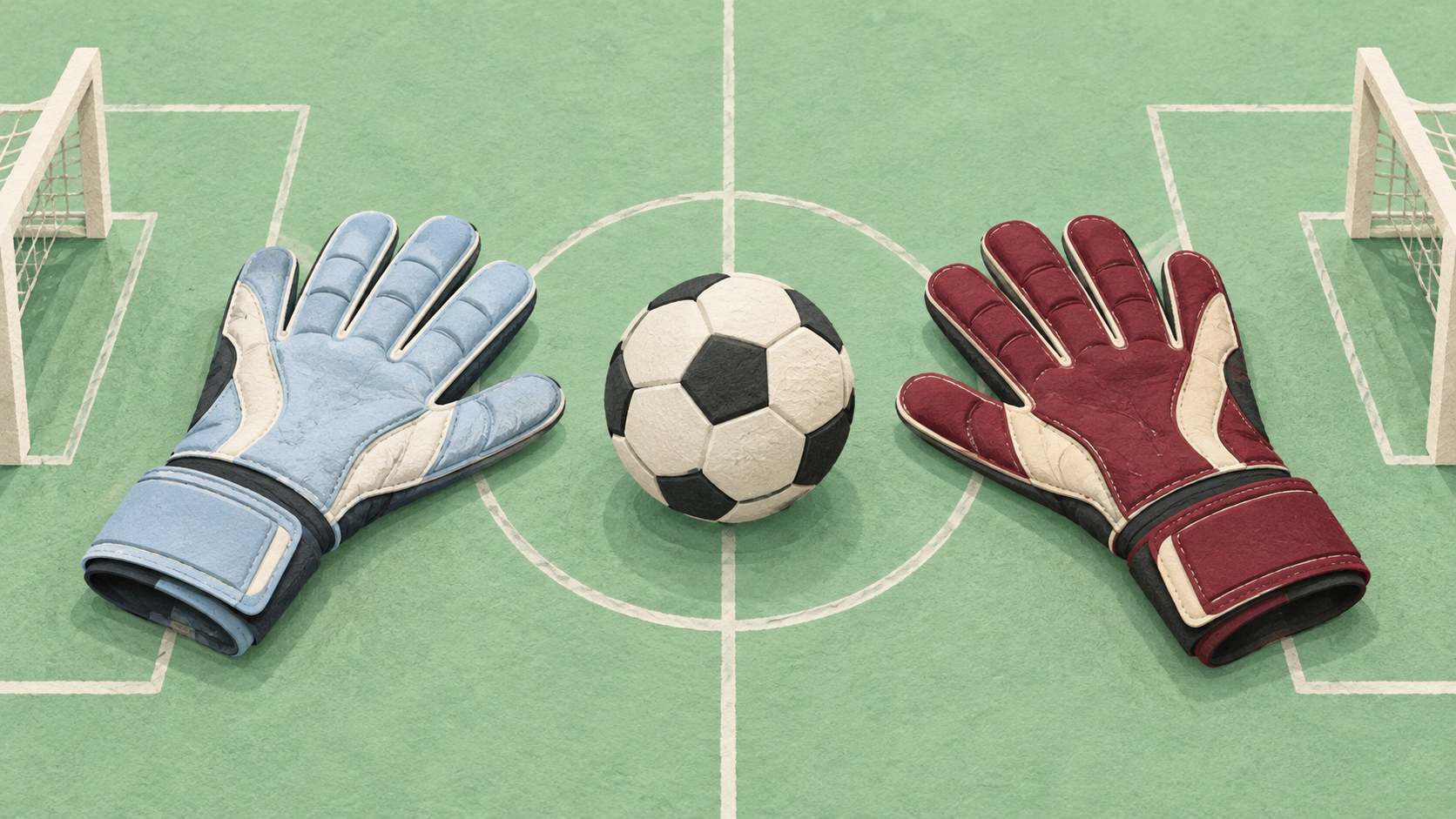 Original editorial illustration of an unbranded football between empty ice-blue and burgundy goalkeeper gloves on a fictional mint-green pitch; not real players’ equipment, Allianz Stadium or a photograph of the Sydney derby.