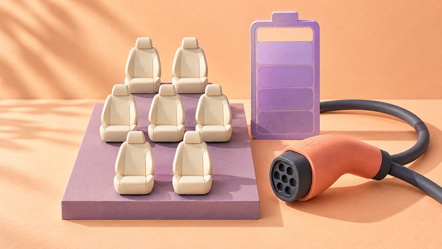 Original editorial illustration of seven empty ivory seat forms beside an unbranded coral charging plug and a symbolic lilac battery on an apricot surface; not a BYD vehicle, real charger, technical diagram or event photograph.