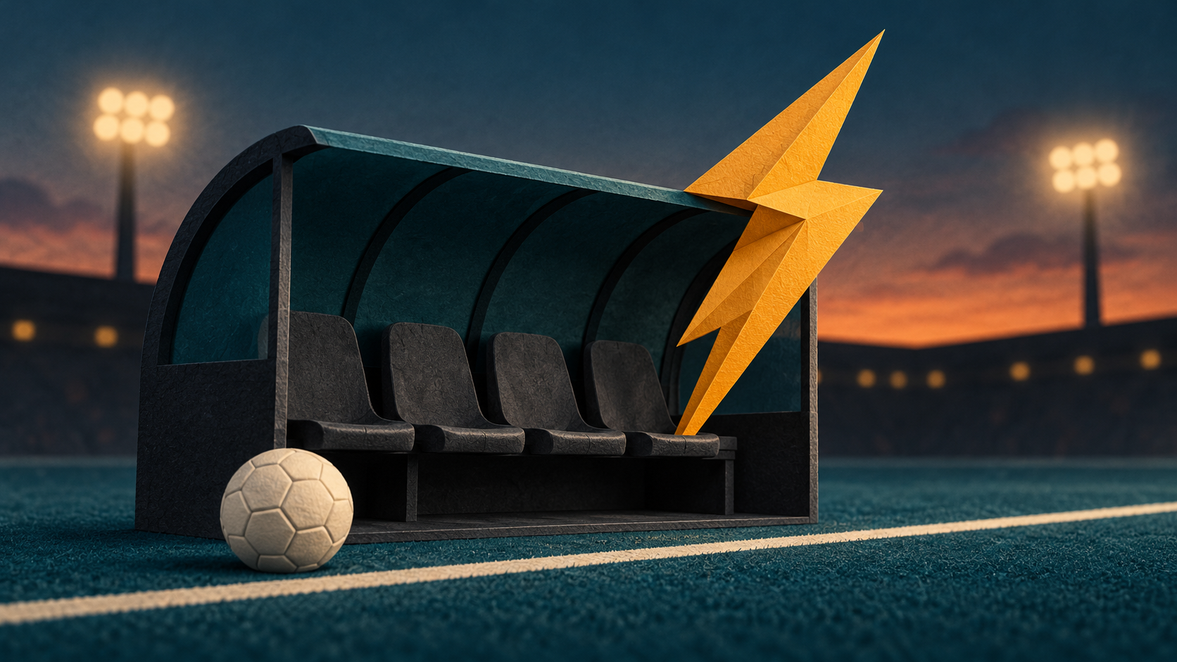 Original editorial illustration: empty charcoal substitute bench, ivory football and amber paper lightning bolt on a fictional petrol-blue touchline. Symbolic sudden impact, not Chirewa, Turf Moor or a match photograph.