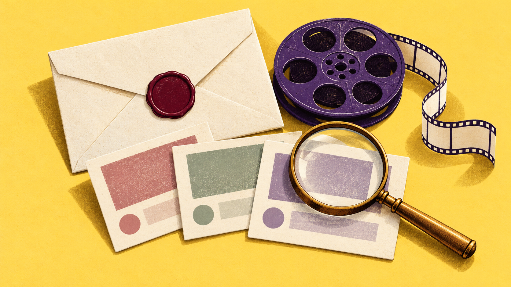 Original editorial illustration: sealed ivory document envelope, violet film reel and blank review cards under a brass magnifier on yellow paper. Symbolic diplomacy and criticism, not show props, actors or promotional artwork.