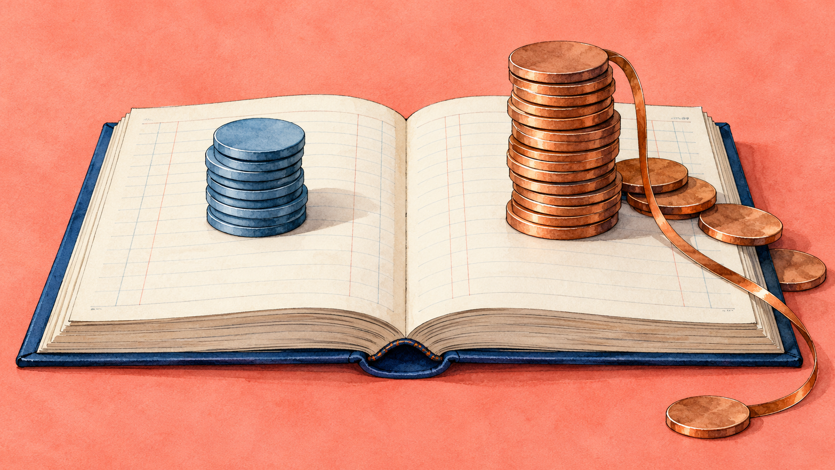 Original editorial illustration of a blank ivory ledger with slate-blue and taller copper token stacks on a coral desk. Symbolic spending gap, not real currency, a Treasury document or a scaled data chart.