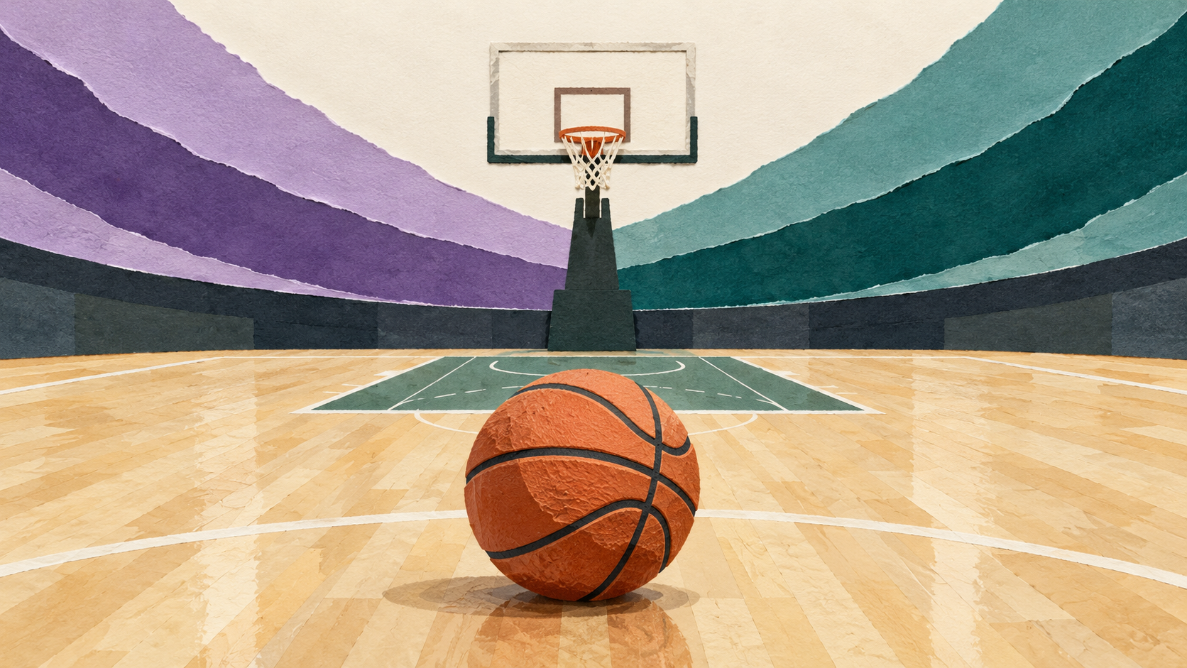 Original editorial illustration of an unbranded orange basketball and hoop on a fictional empty maple court framed by lavender and teal paper; not a photograph, real arena or reconstruction of a WNBA Finals game.