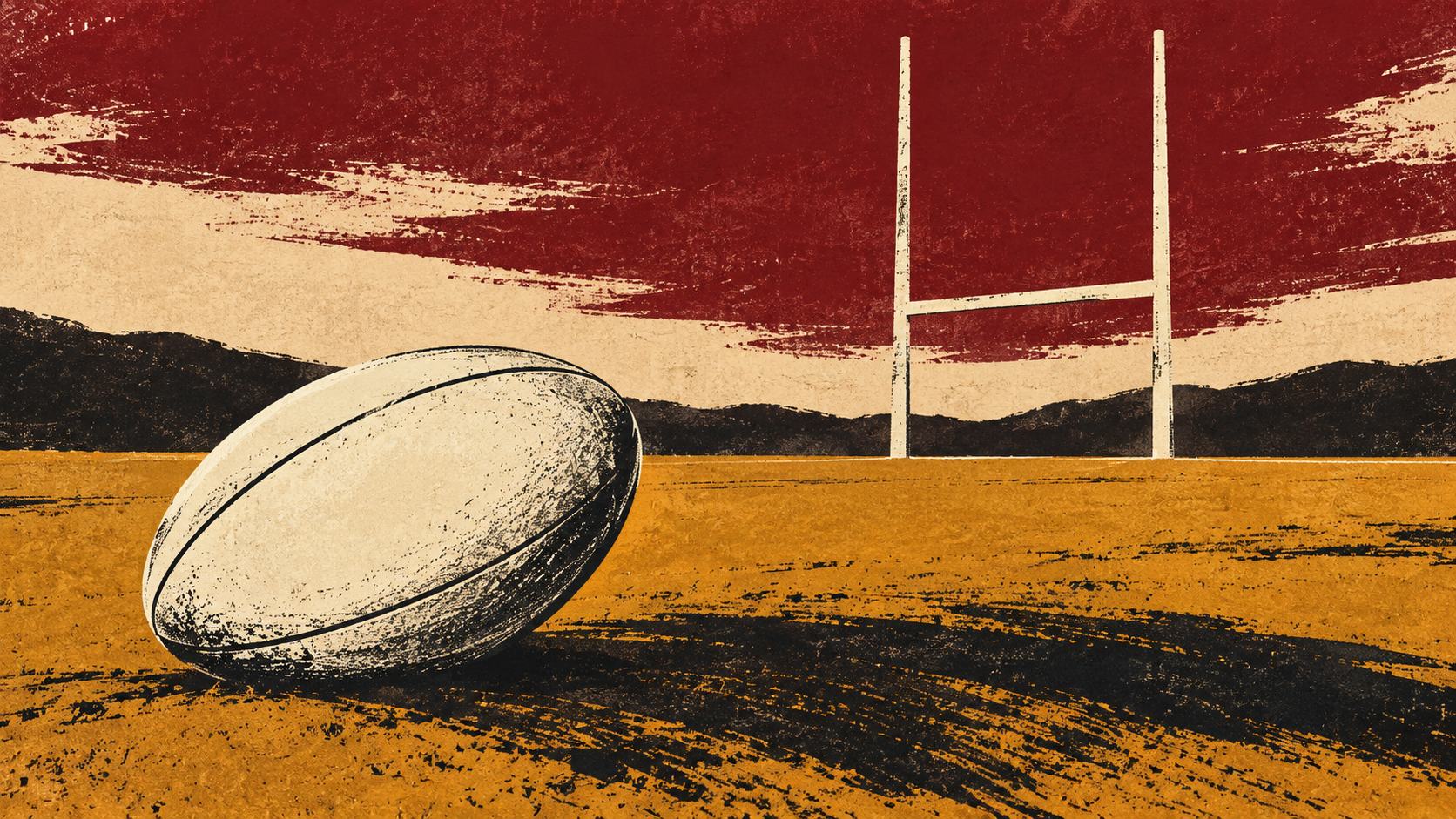 Original editorial illustration of an unbranded ivory rugby ball and cream H-shaped posts on an ochre field under a burgundy sky; symbolic, not Accor Stadium, a real player’s equipment or a match photograph.