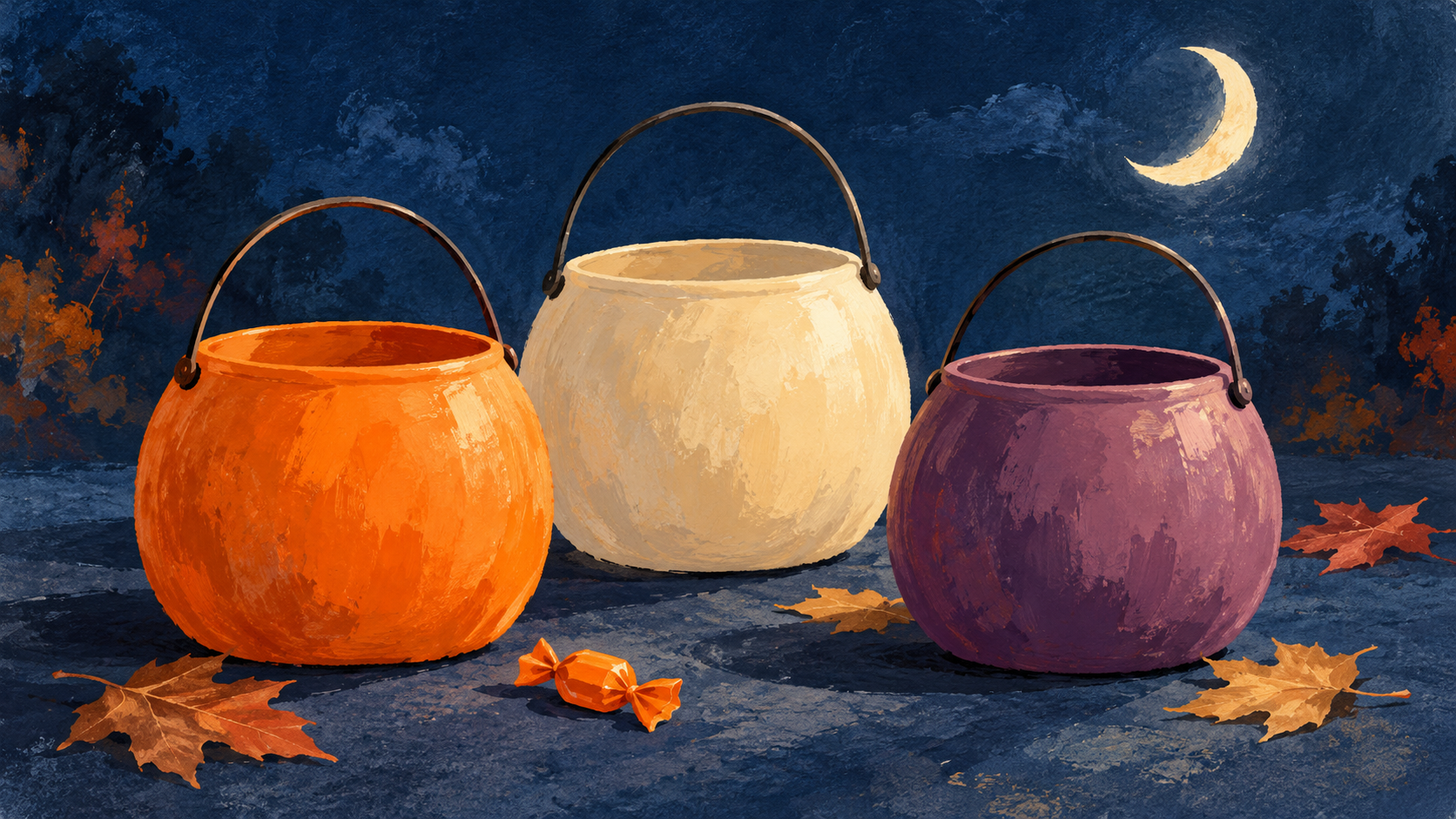 Editorial illustration of three plain Halloween candy pails beneath a crescent moon; not the actual McDonald’s Disney products.