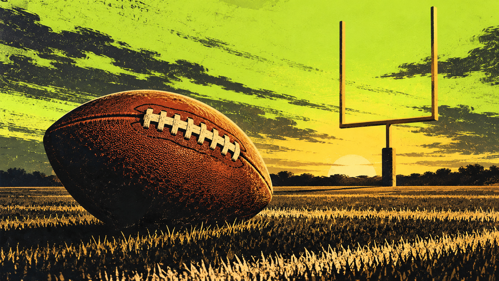 Editorial illustration: an unbranded brown American football and gold uprights on a charcoal field beneath an electric-lime sky. Symbolic field goal, not McPherson, Sanford Stadium or a photograph.