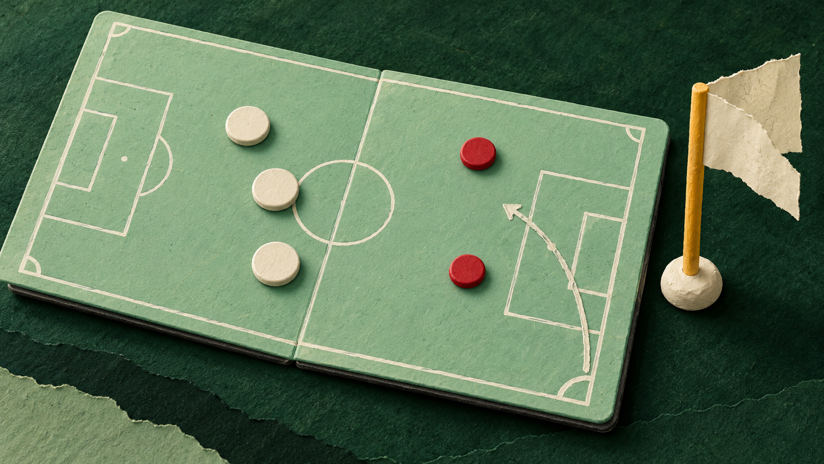 Editorial illustration: mint-green football tactics board, ivory and scarlet counters and a cream corner flag on dark green paper; symbolic tactics, not actual match equipment, a precise formation map or a photograph.