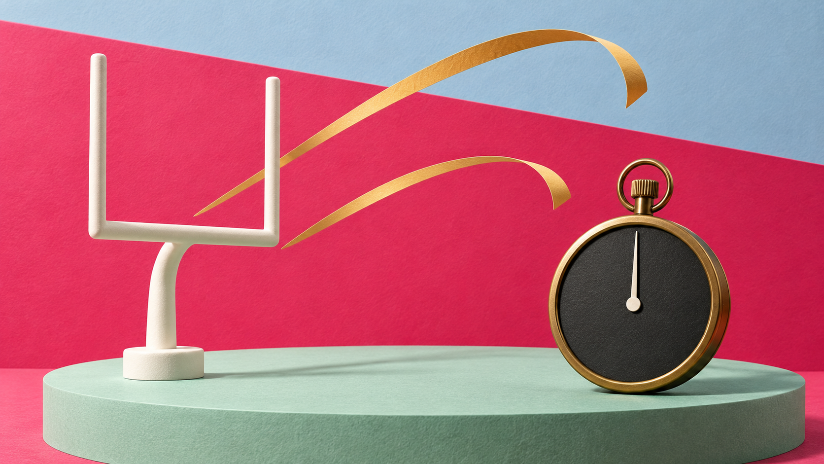 Editorial illustration: ivory goalposts, a blank brass stopwatch and golden paper arcs on raspberry and mint paper; symbolic late kicks, not actual Wembley equipment or a photograph.