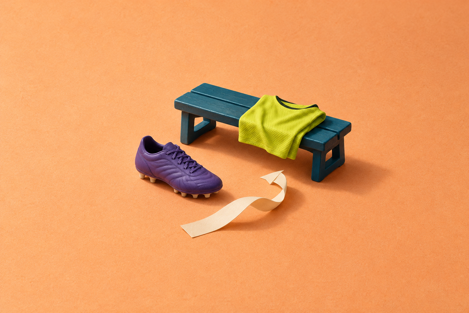 Editorial illustration: a violet football boot beside a teal bench, folded lime training bib and curled ivory paper on apricot; symbolic substitute impact, not actual player equipment or a photograph.