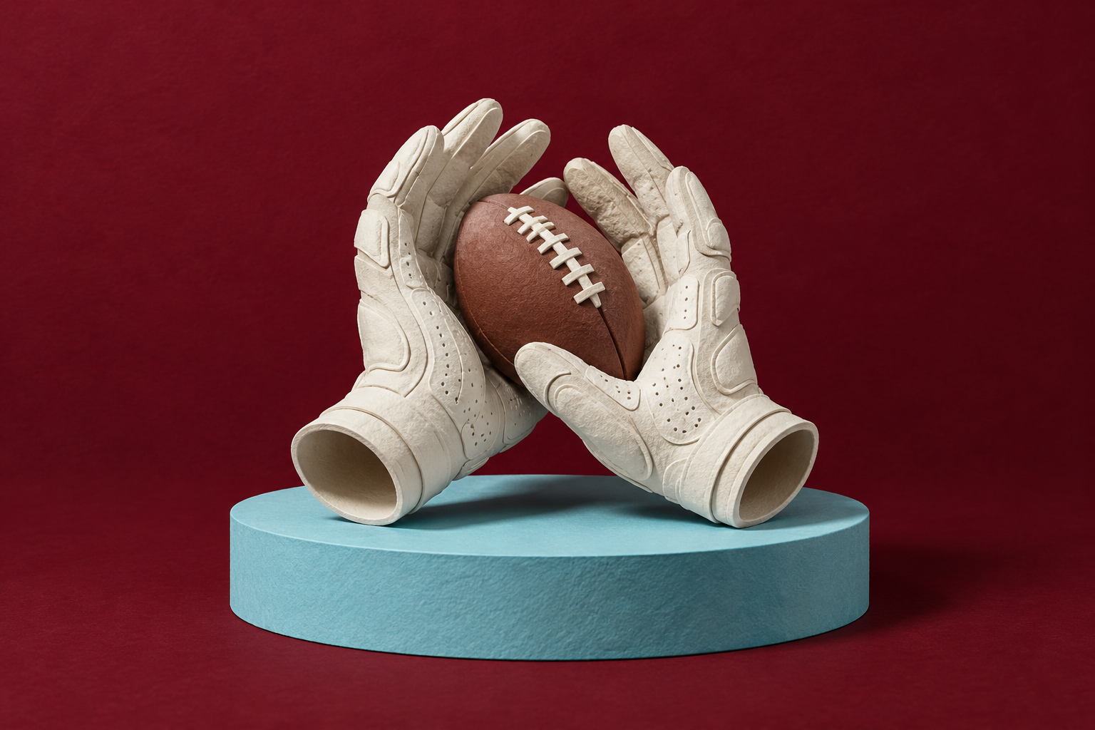 Editorial illustration: empty ivory catching gloves cradle a plain brown American football on a cyan plinth against burgundy paper; symbolic interceptions, not real player equipment, a play reconstruction or a photograph.
