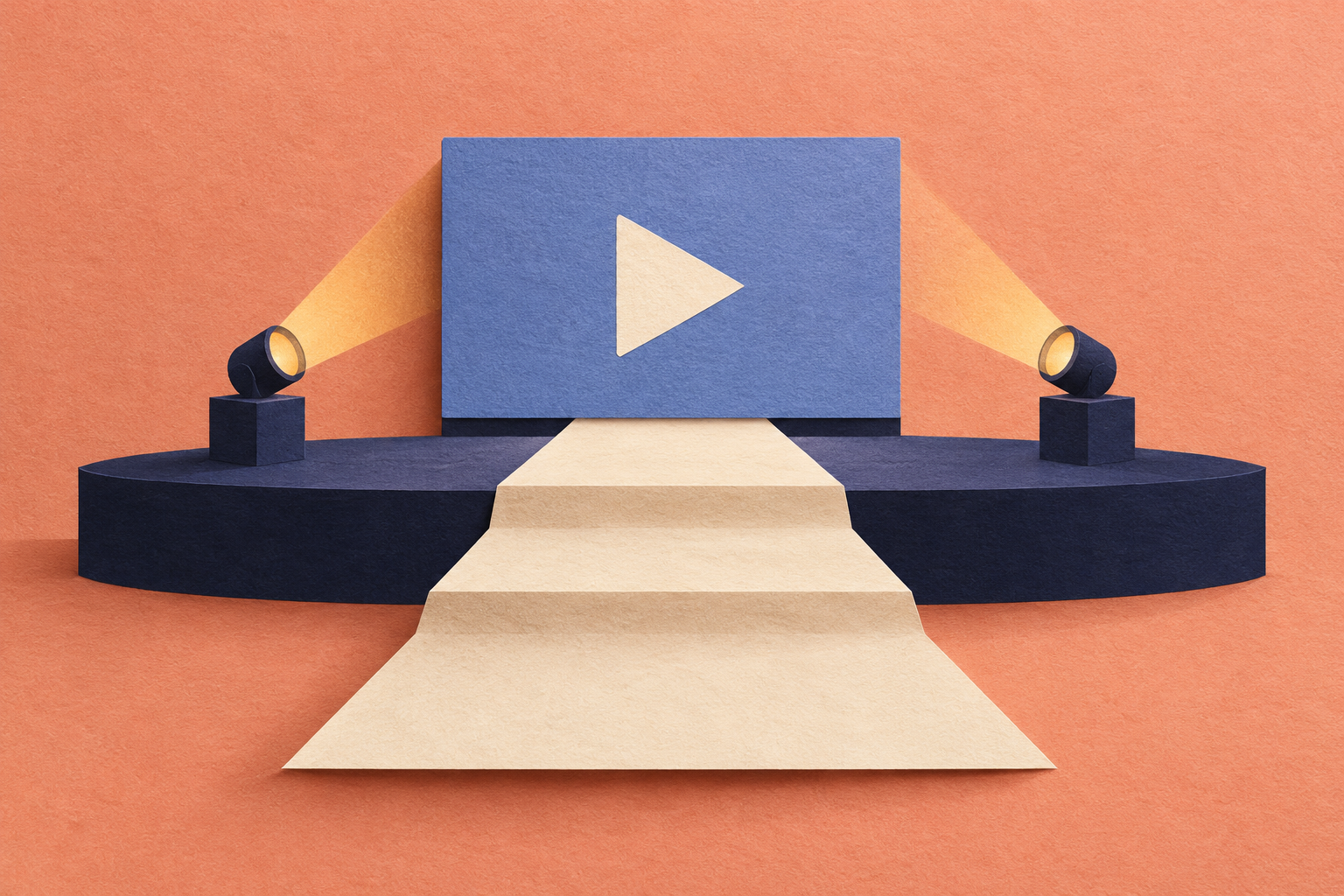 Editorial illustration: an ivory paper runway leads to a periwinkle screen with a generic play triangle and amber spotlights on an indigo stage; symbolic online fashion viewing, not the actual event, interface or a photograph.