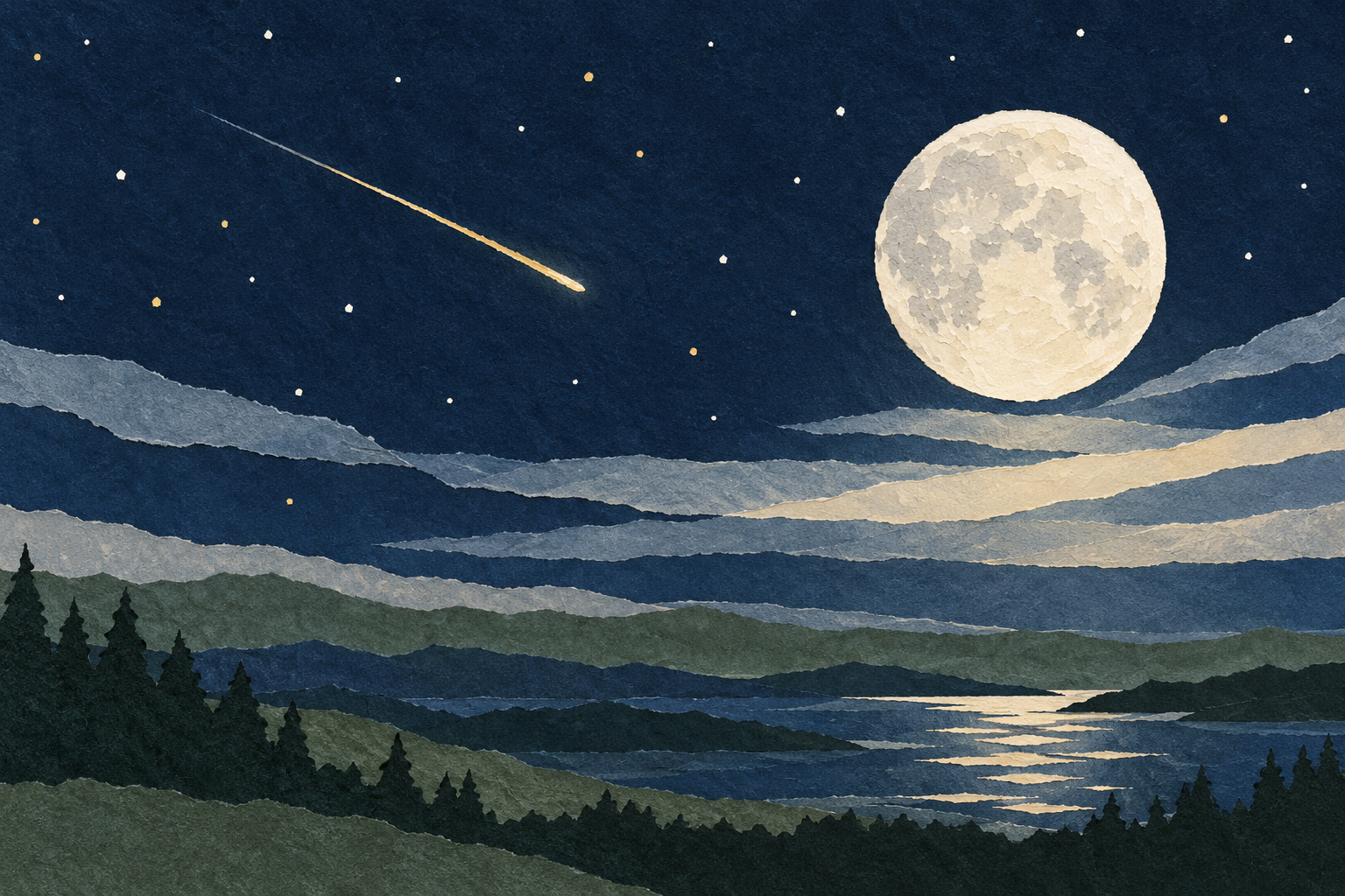 Editorial illustration: a single gold meteor crosses a midnight-blue paper sky beside an ivory Moon above a sage landscape; symbolic moonlight and stargazing, not a photograph, exact lunar phase or sky map.