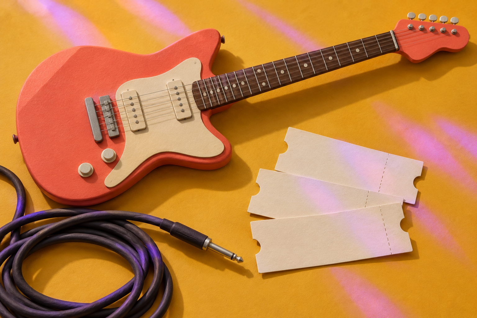 Editorial illustration: a generic coral electric guitar, three blank ivory ticket stubs and a coiled cable on mustard paper with lavender light; symbolic concert booking, not actual band equipment, tickets or a photograph.