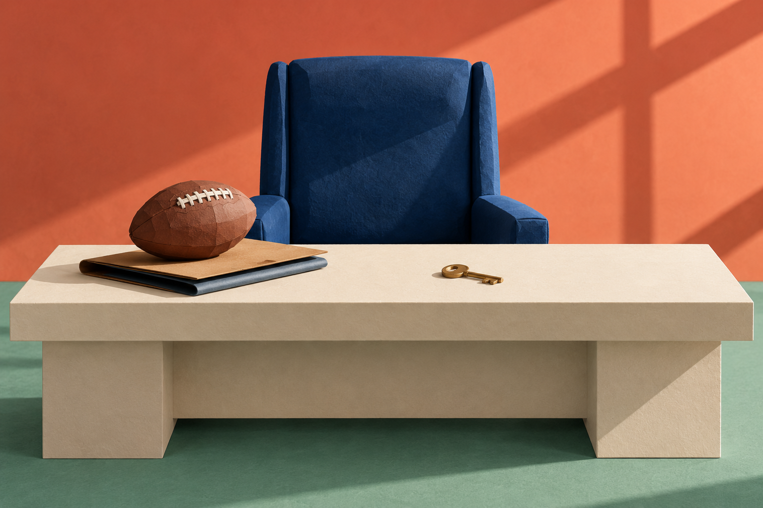 Editorial illustration: an empty cobalt office chair behind an ivory desk with a brown American football, blank folders and a brass key against coral and jade; symbolic leadership vacancy, not an actual Colts office or photograph.
