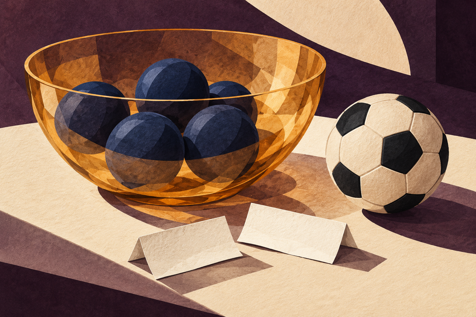 Editorial illustration: an amber bowl with blank indigo draw balls, two blank fixture slips and an unbranded football on cream and aubergine paper; symbolic cup draw, not official equipment or a photograph.