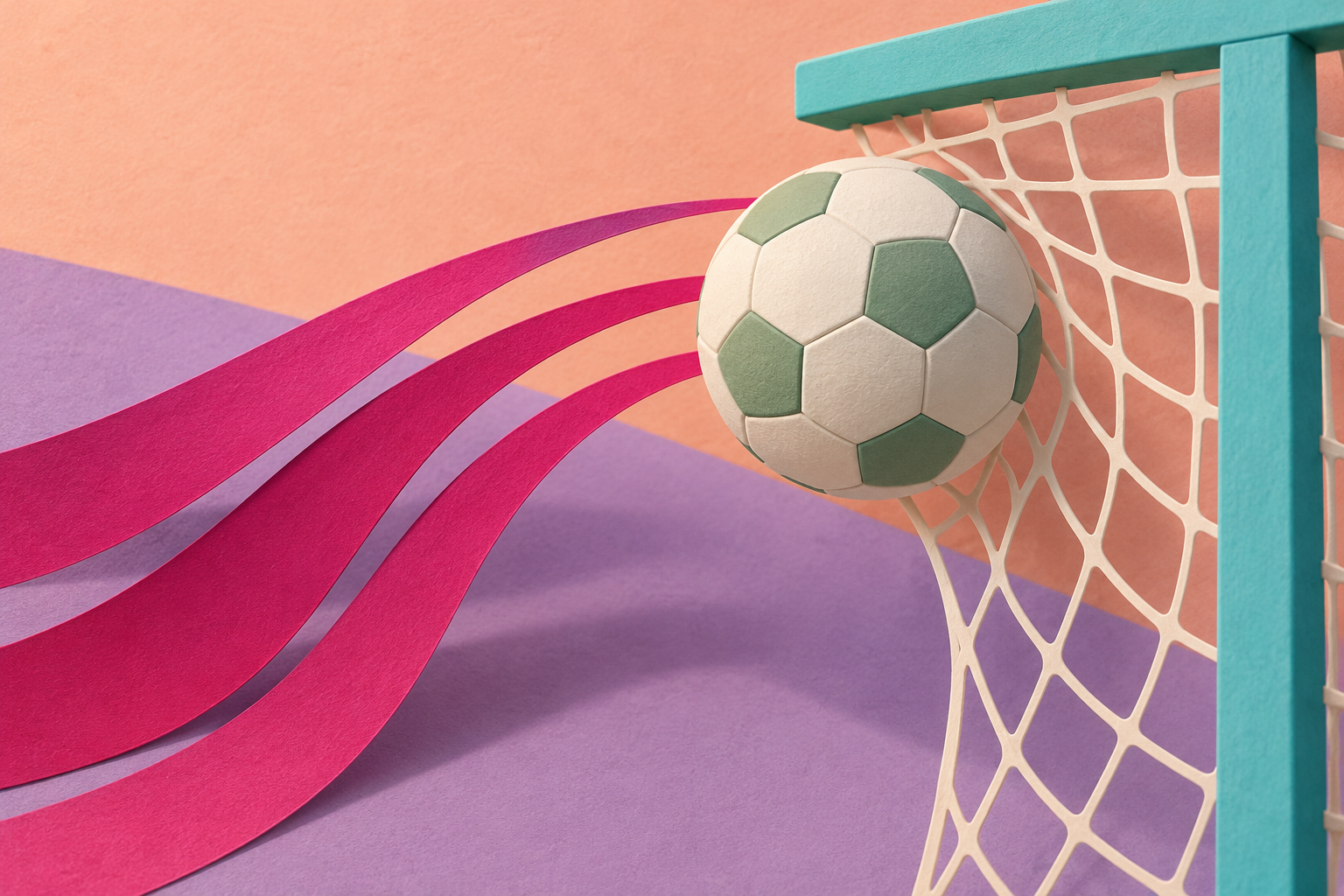 Editorial illustration: a pearl-and-sage football, ivory net and turquoise goal corner with three magenta paper arcs on peach and lavender; symbolic curling goals, not a match photograph or exact trajectories.
