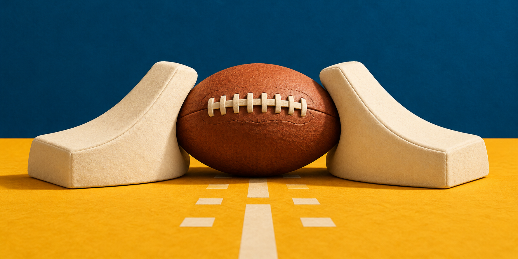 Editorial illustration: a plain brown American football held between two curved ivory barriers on saffron and petrol-blue paper; symbolic defensive stop, not actual equipment, a final-play reconstruction or a photograph.